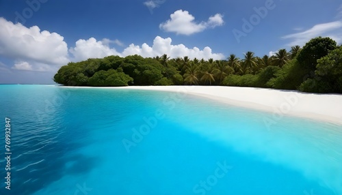 a beach with a blue water and white sand beach and trees © David Angkawijaya