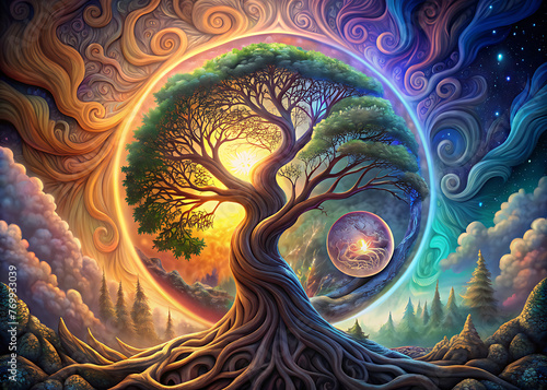 The concept of balance inherent in the yin-yang philosophy intertwines with the symbolic significance of Yggdrasil, the Norse mythological Tree of Life photo