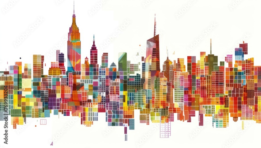 Abstract digital art of the New York skyline, with skyscrapers made up of colorful pixelated squares and lines Generative AI