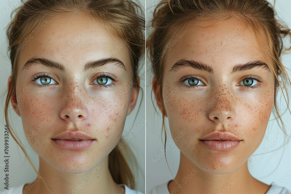 Before and after acne treatment collage portrait of the face of young beautiful woman. Problem skin rejuvenate and beauty skin care concept. Before and after acne treatment collage portrait of the face of young beautiful woman. Problem skin rejuvenate and beauty skin care concept.