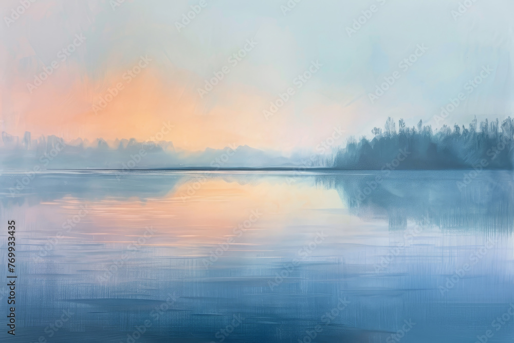A painting of a lake with a blue sky and trees in the background A painting of a lake with a blue sky and trees in the background