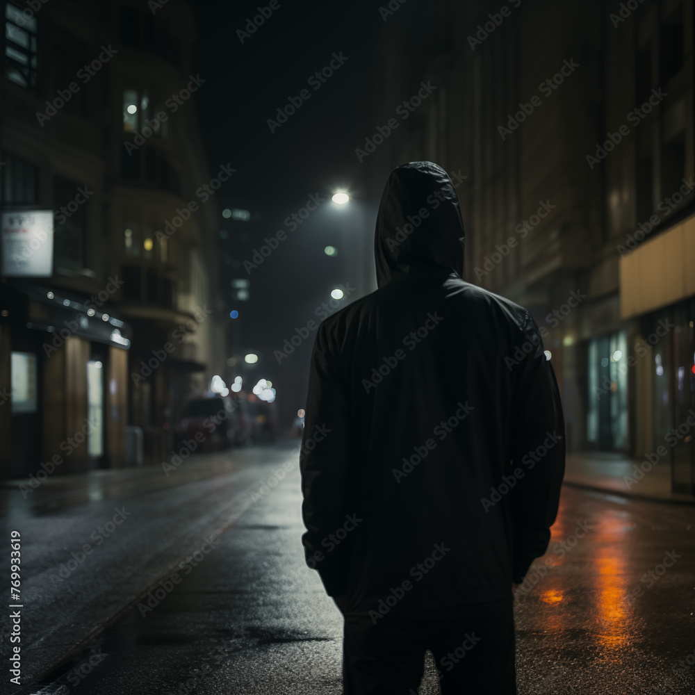 Man walking in downtown Cleveland at night