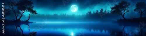 Abstract colorful colorful blurred illustration of blue summer night on river  background for social media banner  website and for your design  space for text.  