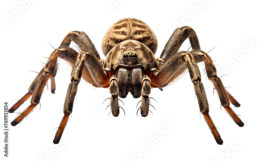 Detailed close-up of a spider on a stark white backdrop