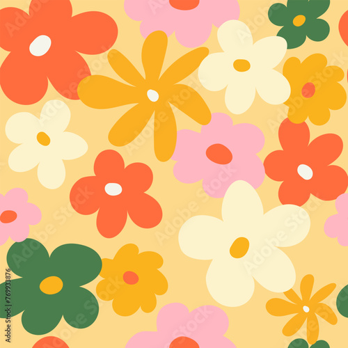 A set of floral patterns and cover designs in the style of the 70s with groovy daisy flowers. Retro floral vector design. Style of the 60s, 70s, 80s