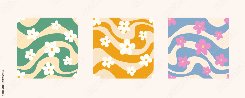 Fototapeta premium A set of floral patterns and cover designs in the style of the 70s with groovy daisy flowers. Retro floral vector design. Style of the 60s, 70s, 80s