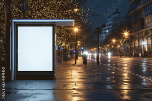Bus station billboard with blank copy space screen for your advertising text message or promotional content, empty mock up Lightbox for information, stop shelter clear poster in night urban city scene photo