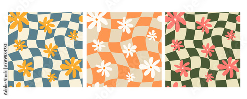 A set of floral patterns and cover designs in the style of the 70s with groovy daisy flowers. Retro floral vector design. Style of the 60s, 70s, 80s