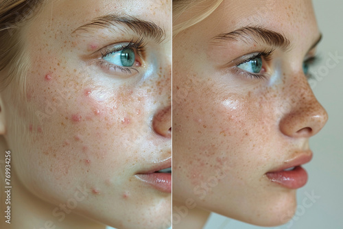 Before and after acne treatment collage portrait of the face of young beautiful woman. Problem skin rejuvenate and beauty skin care concept.