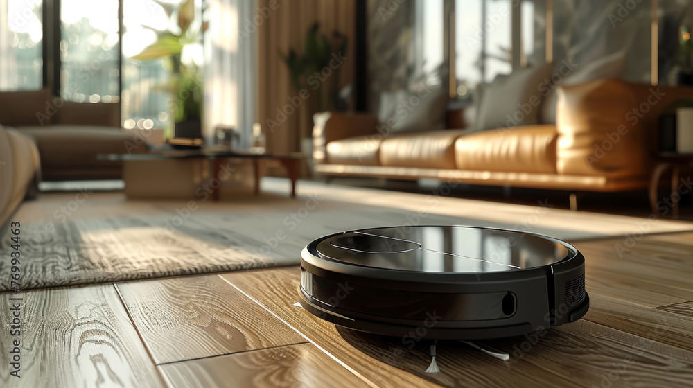 Obraz premium Robotic Vacuum Cleaning Living Room Floor