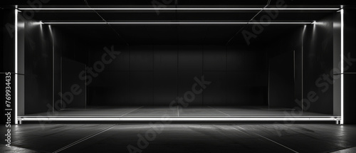 Panorama of modern dark stage, black room with white led light, studio or showroom background. Concept of hall, garage, interior, building.