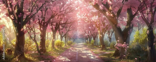 A Serene Stroll Down Memory Lane: Cherry Blossoms Adorning the Pathway in a Tree-Lined Avenue
