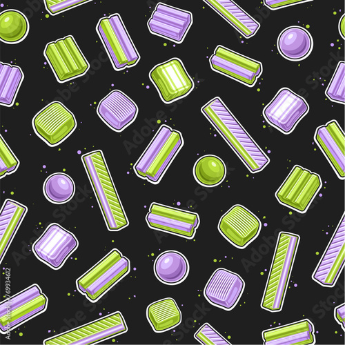 Vector Bubble Gum seamless pattern, fun repeat background with cut out outline illustration of variety bubble gums and cute candies, square poster with group of flying yummy candies on dark background