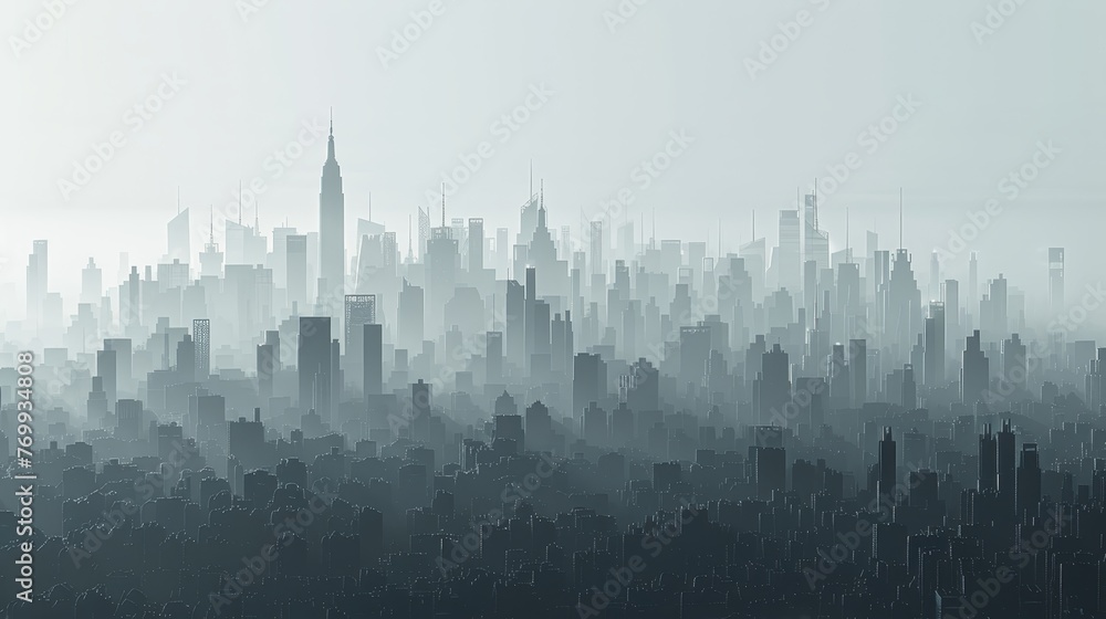 A serene monochromatic cityscape showing a gradual fade effect, with the silhouettes of skyscrapers blending into the sky.
