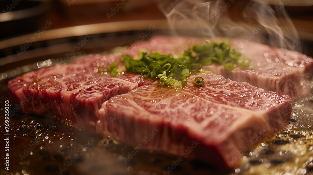 Kobe beef cooking in the pan