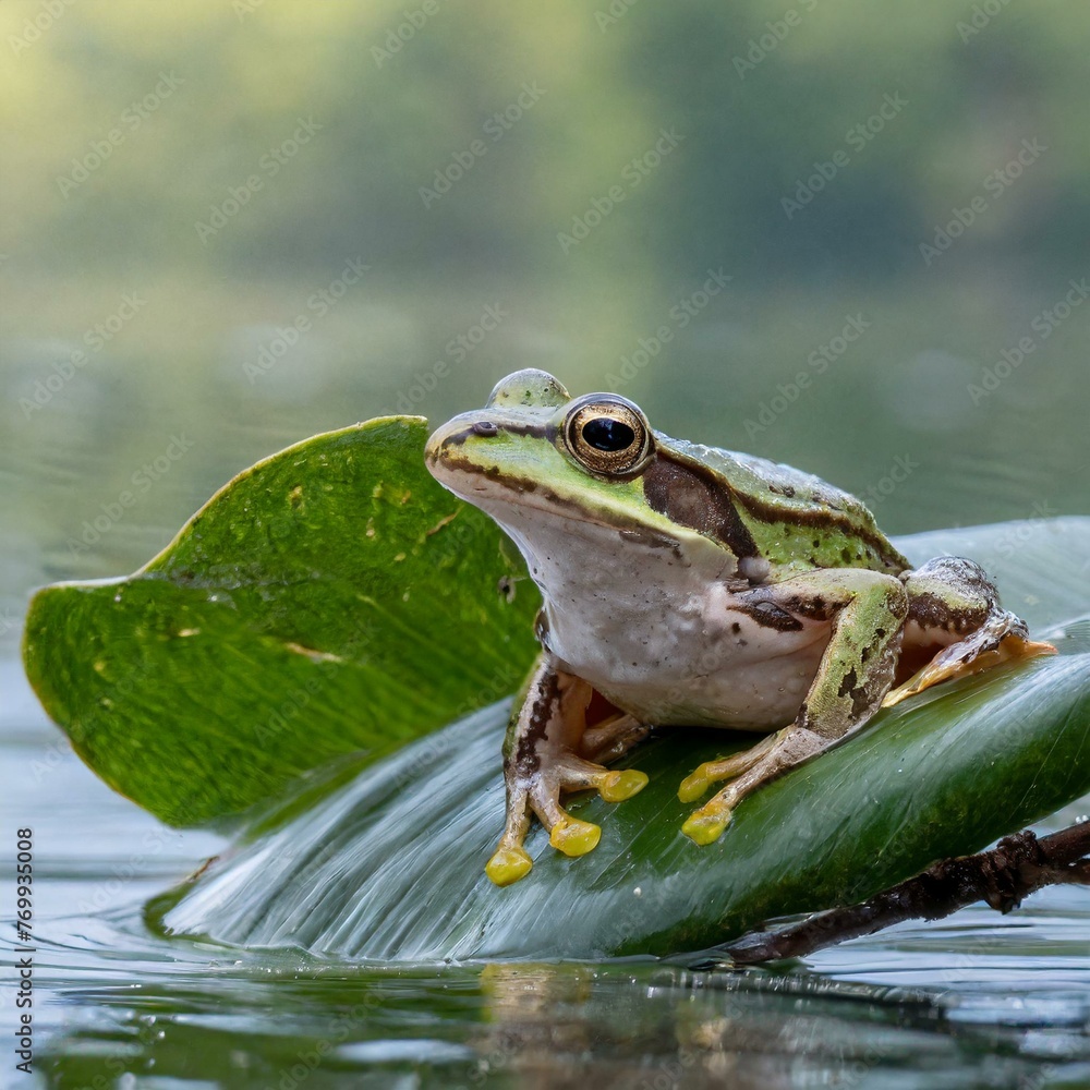 Fototapeta premium Beautiful Frog on a tree leaf above water