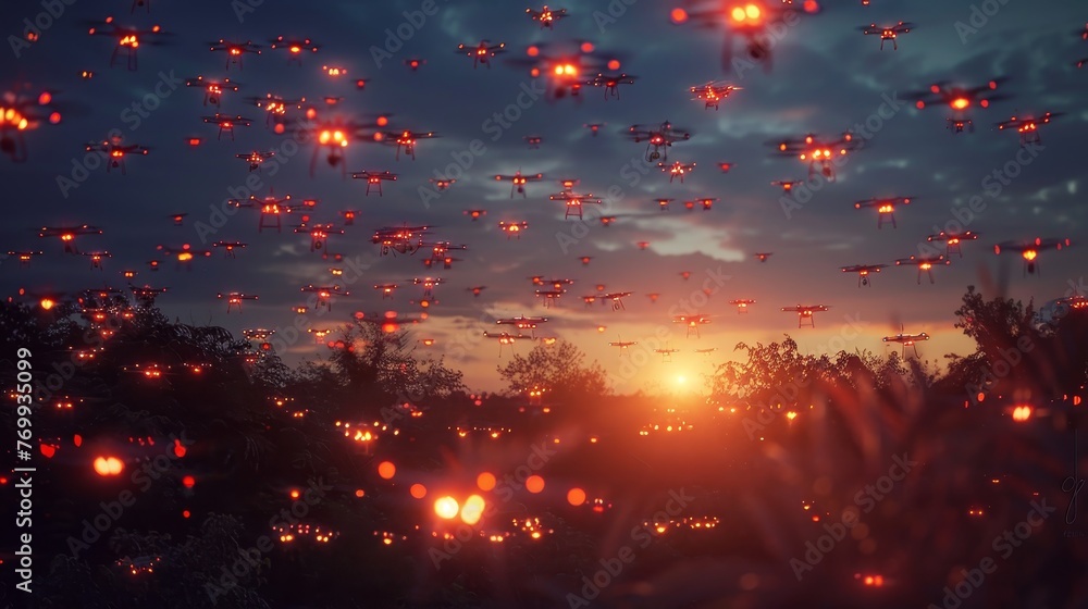 A swarm of drones with red navigation lights takes to the sky at sunset, forming a dazzling aerial display over a silhouette of trees.