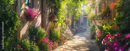 A Serene Stroll Through a Blossoming Alley: Where Hanging Baskets and Balcony Potted Plants Transform a Narrow Path into a Springtime Wonderland © aicandy