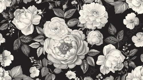 a floral vintage seamless pattern, featuring blooming peonies, roses, tulips, garden flowers, decorative herbs, and leaves against a classic black and white background. SEAMLESS PATTERN