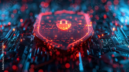 A vibrant cybersecurity lock icon stands out on a complex circuit board, highlighting concepts of digital security and encrypted data protection.