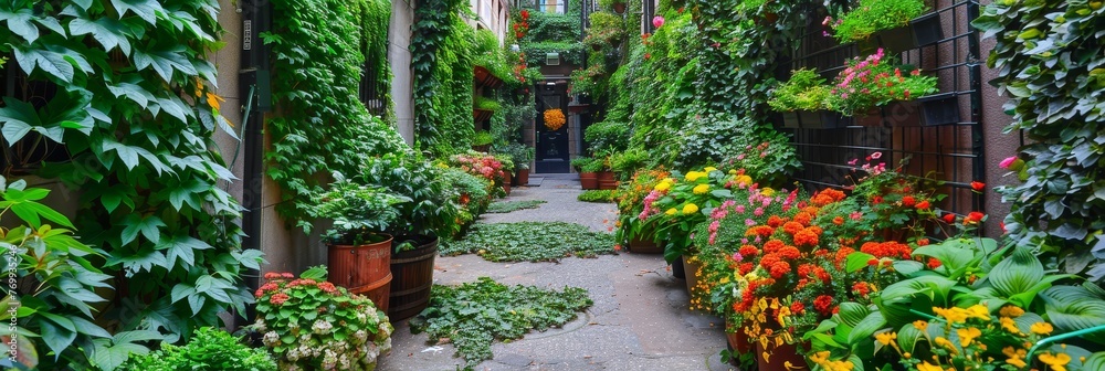 Obraz premium Transforming Urban Spaces: How an Ordinary Alley Became a Lush Green Oasis with Vibrant Wall Planters and Colorful Ground Cover Flowers