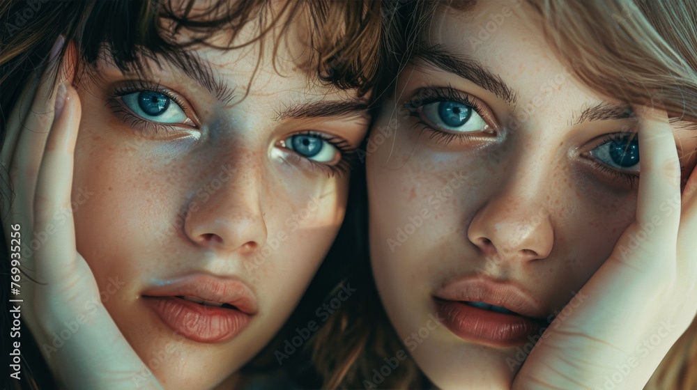 Intimate portrait of two young women, close-up, blue eyes, freckles