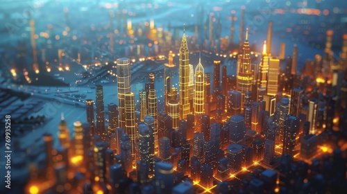 As twilight sets in  a futuristic model of a city built on a circuit board shines with a warm  golden glow  evoking a blend of technology and urban life.