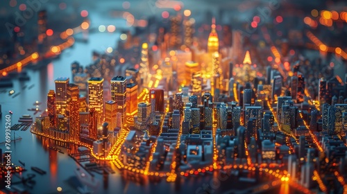 An electrified city model at night, showcasing a sprawling urban landscape with radiant street lights and illuminated buildings, reminiscent of a bustling metropolis.