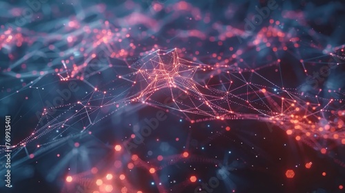 A dynamic mesh of digital connections with glowing red nodes and interconnected lines against a dark background, symbolizing network data or neural activity.