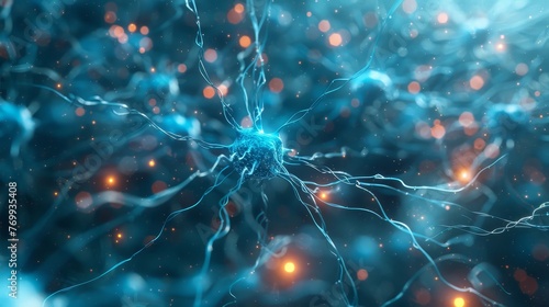 Digital illustration of a neuron synapse network, highlighted with blue and orange light, symbolizing neural activity.
