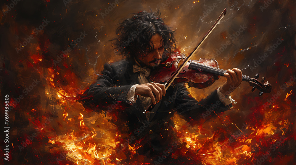 Fototapeta premium Violin player is playing so hard he is on fire.