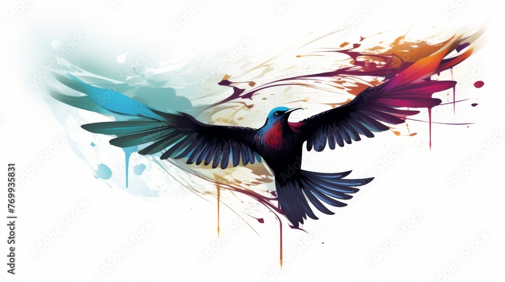 An artistic illustration of a bird with vibrant abstract splashes of color for its wings and body, symbolizing freedom and creativity
