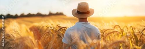 Farmer looking at a wheat field at sunset. Agriculture industry concept. Farming lifestyle, farmland. Design for banner, header with copy space