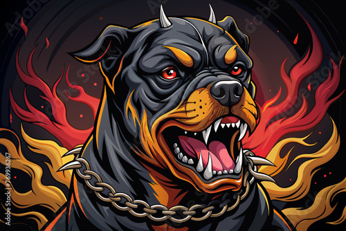 A captivating fashion illustration featuring a striking, hyper-realistic vector of an angry Rottweiler in a demonic attack position