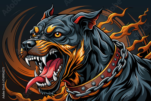 A captivating fashion illustration featuring a striking, hyper-realistic vector of an angry Rottweiler in a demonic attack position