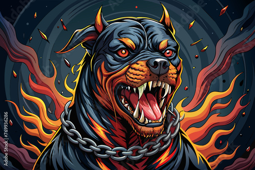 A captivating fashion illustration featuring a striking, hyper-realistic vector of an angry Rottweiler in a demonic attack position