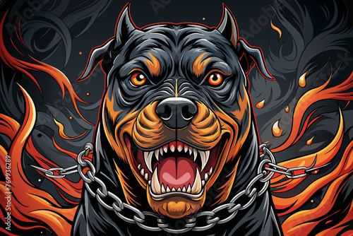 A captivating fashion illustration featuring a striking, hyper-realistic vector of an angry Rottweiler in a demonic attack position
