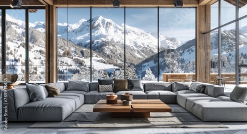 A large living room with a grey sofa, wooden coffee table and floor-to-ceiling windows overlooking the snowcapped mountains