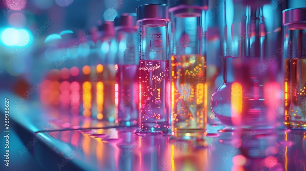 Vibrant neon lights reflect off a series of test tubes and beakers, capturing a chemical reaction in progress within a modern science laboratory. Vibrant neon lights reflect off a series of test tubes and beakers, capturing a chemical reaction in progress within a modern science laboratory.