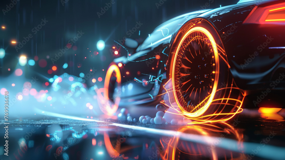 Futuristic Car with Glowing Wheels in Rain at Night Futuristic Car with Glowing Wheels in Rain at Night