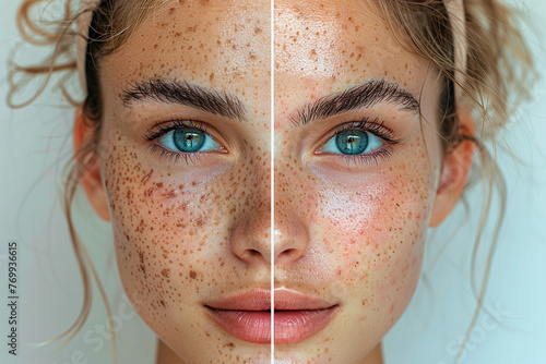 Before and after acne treatment collage portrait of the face of young beautiful woman. Problem skin rejuvenate and beauty skin care concept. photo