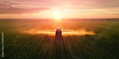 Pesticide Spraying on a Large Soybean Field by Tractor at Dawn. Concept Agricultural Practices  Crop Protection  Farming Techniques  Field Management  Sustainable Agriculture