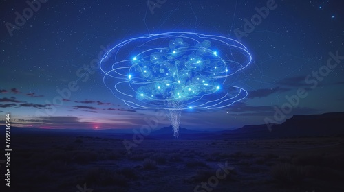 A mesmerizing digital constellation in the shape of a brain lights up the twilight sky over a serene desert landscape, symbolizing intelligence and innovation.