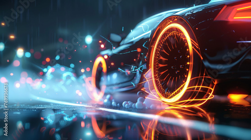 Futuristic Car with Glowing Wheels in Rain at Night