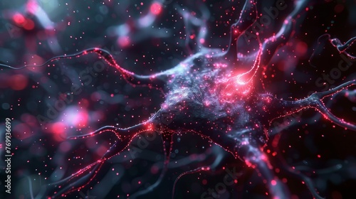 Digital representation of neural synapses with red and blue electrical impulses, symbolizing brain activity or artificial intelligence.