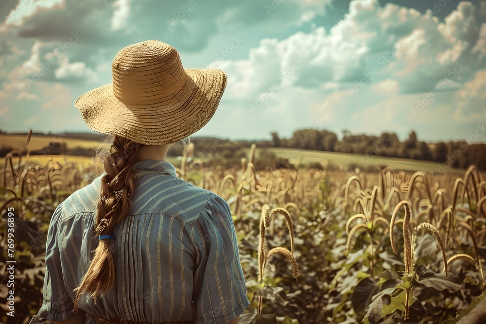 Obraz premium Female farmer looking at the crop field. Agriculture industry concept. Farming lifestyle, farmland. Design for banner, poster with copy space. Vintage style, nostalgia