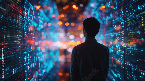 Man silhouette on digital data and lights background, person on abstract network information. Theme of ai, cyber security, technology, code, hack