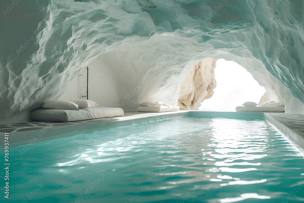 Fototapeta premium Swimming pool inside white cave with stone wall