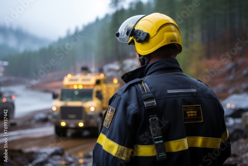 rescuer in a protective helmet against the background of a rescue vehicle