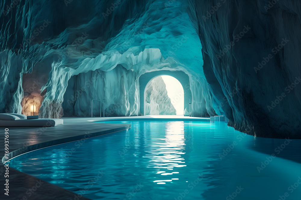 Swimming pool inside blue cave with stone wall Swimming pool inside blue cave with stone wall